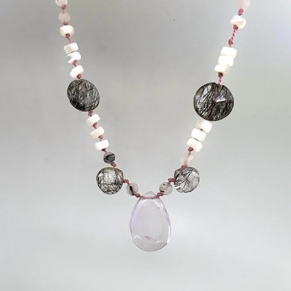 Vintage Black Rutilated Quartz & Rose Quartz Beaded Necklace 14/20 GF Clasp - Picture 5 of 7